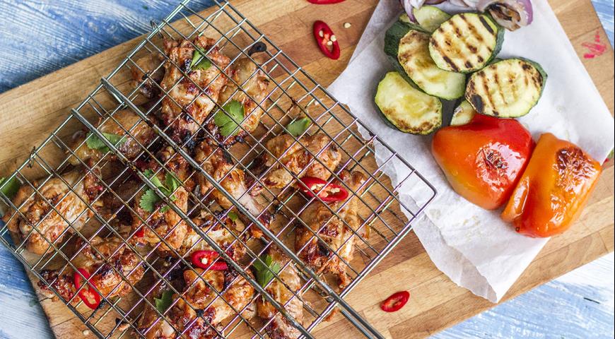 Asian style honey wings with grilled vegetables