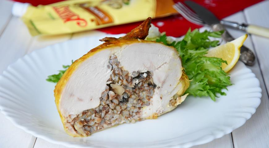 Baked chicken stuffed with buckwheat and mushrooms