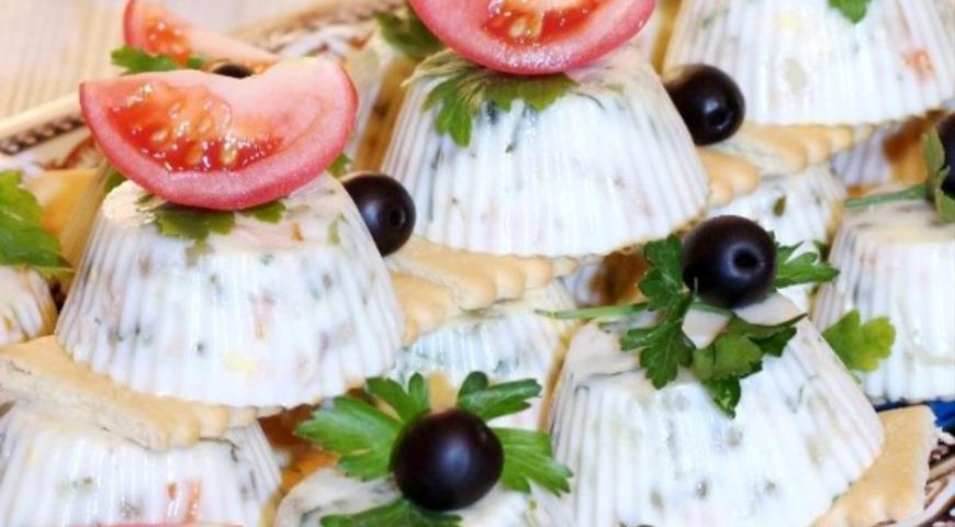 Jellied salad "Olivier" with pink salmon