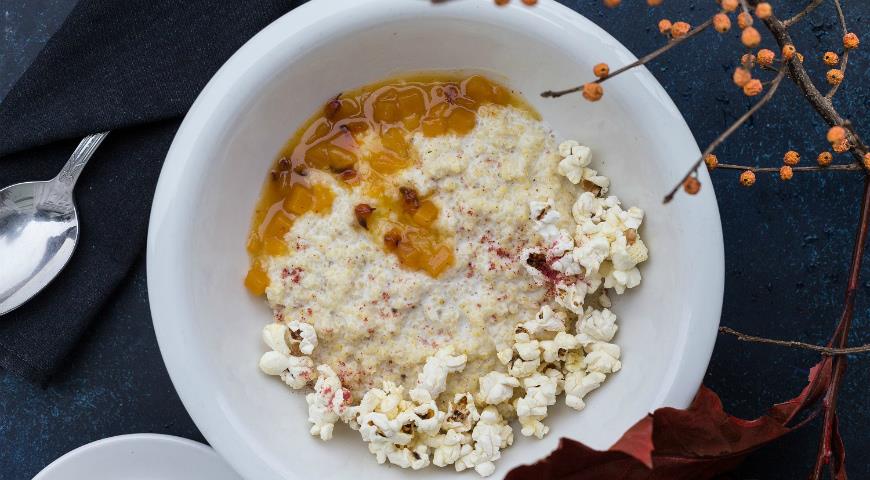 Millet porridge with coconut milk with pumpkin and sea buckthorn chutney and popcorn