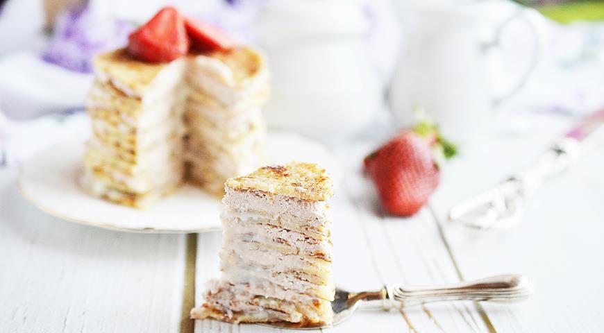 Pancake cake with cottage cheese and condensed milk