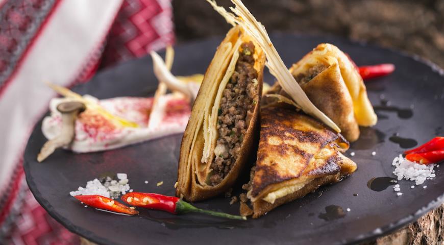 Pancakes with beef and oyster mushrooms