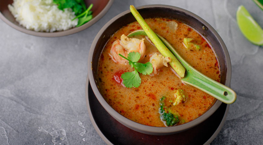 Tom yum with shrimps and chili sea bass