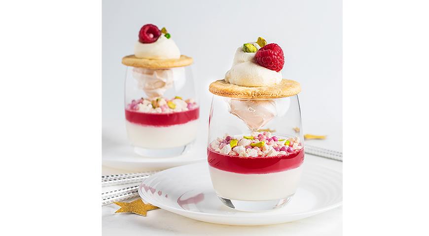 Verin with pink panna cotta and raspberry jelly