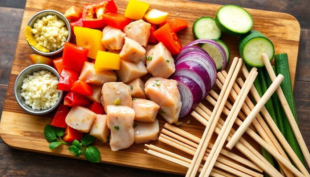 assemble skewers with ingredients