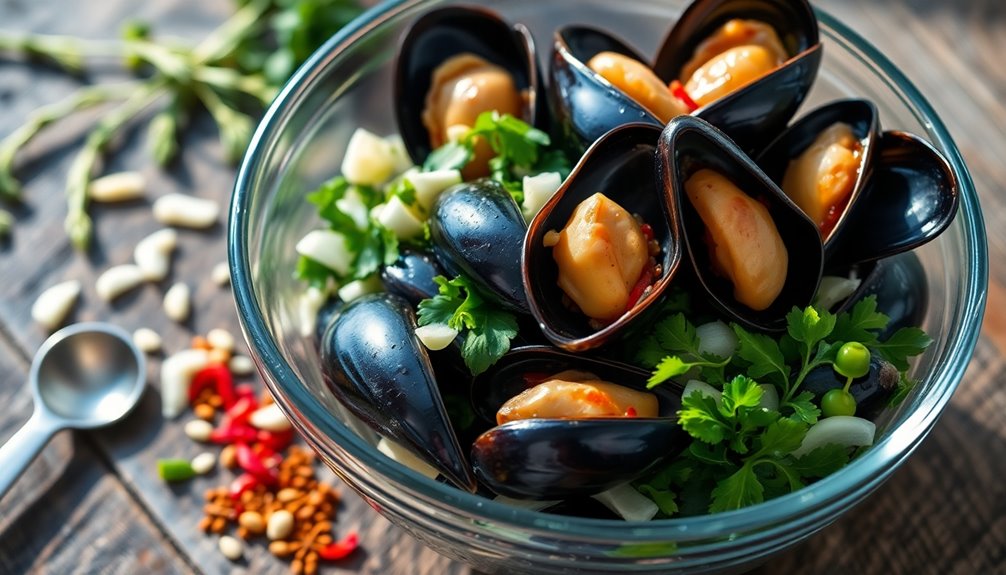 combine mussels with marinade