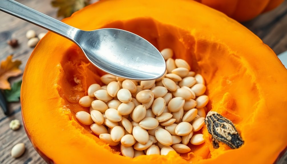 scoop out pumpkin seeds