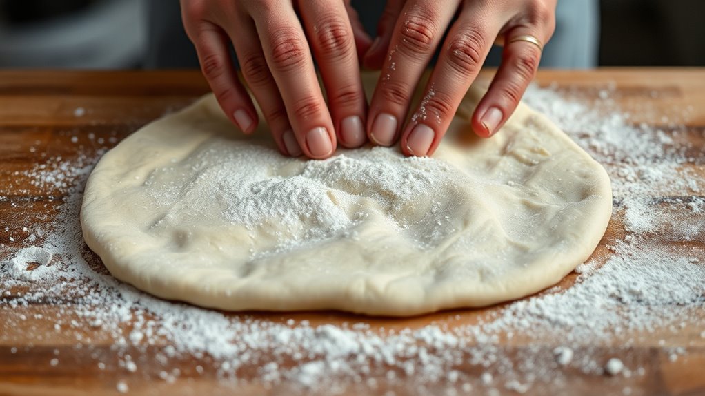flour surface and hands