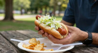 hot dogs with vinegared iceberg and potato chips